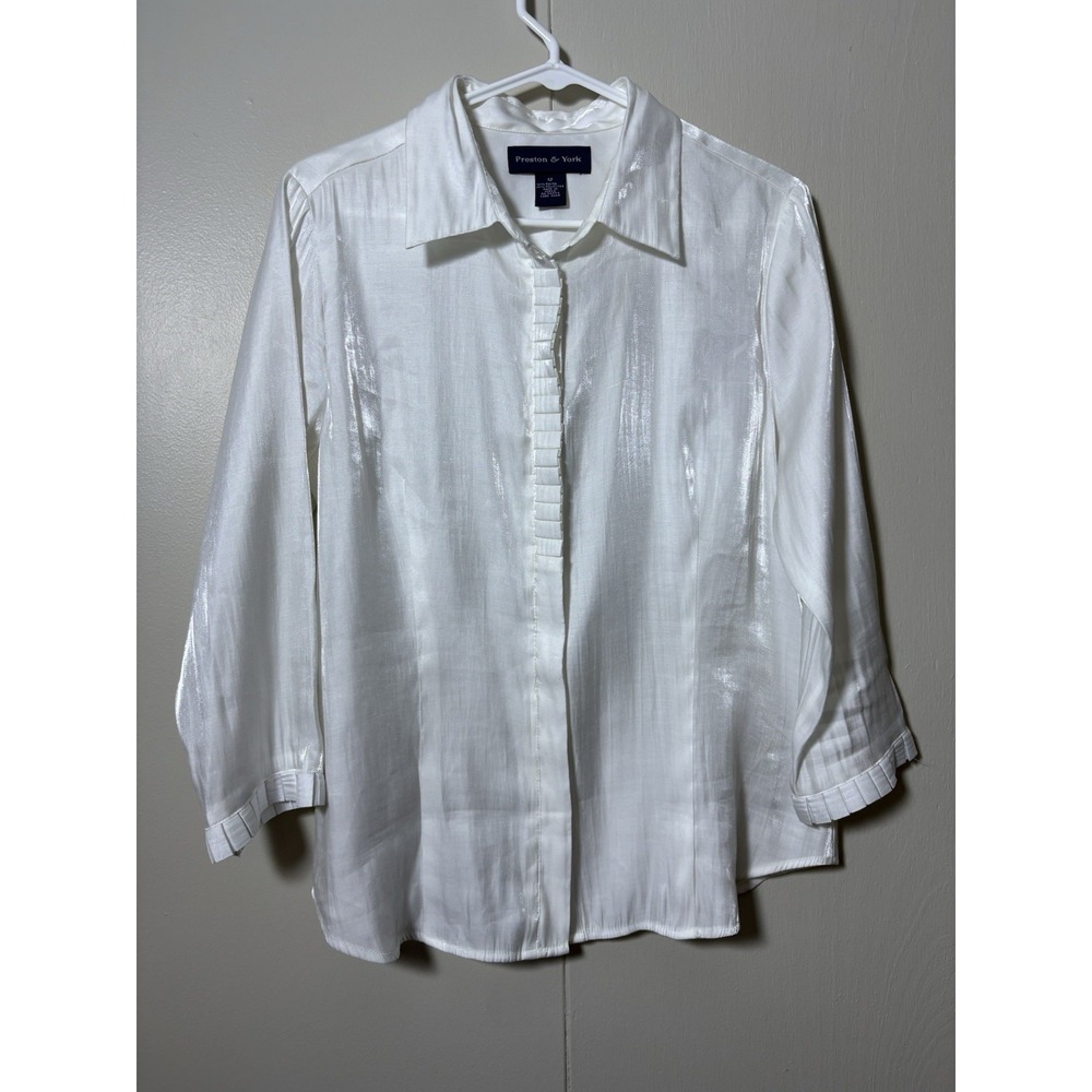 Preston & York White Shimmer Blouse Size 12 Hidden Button Career Office Classy